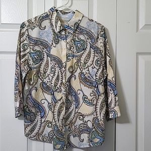 Blue & Yellow Paisley Design Button-Up Shirt, Chicos Size 2=Large/12